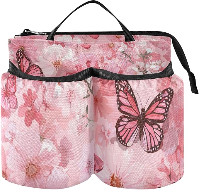 Hot Pink Butterflies Flowers Luggage Cup Holder Travel Portable Free Hand Drink Carrier Suitcase Drinks Beverage Holder Carry-On Bottle Mug Holder Organizer Bag Travelers Accessories