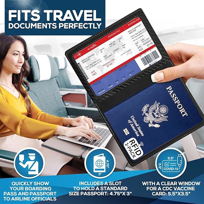 Ciana Passport Holder for Travel – PU Leather Passport Cover and Card Holder for Men & Women – Slim Passport Holder with Card Protector Slot, Travel Must Haves (Carbon Fiber)