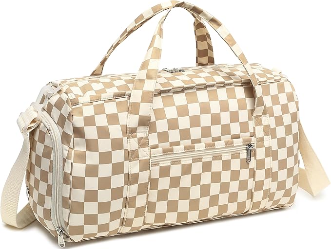 LEDAOU Duffle Bag Girls Kids Cute Dance Bag with Shoe Compartment Gym Bag with Wet Pocket Sports Overnight Travel Workout Bag (Checkered Brown-White)