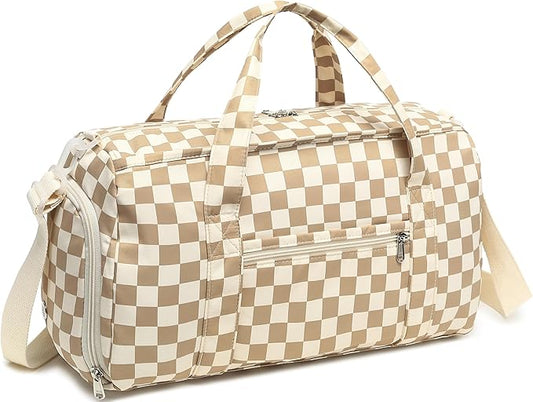LEDAOU Duffle Bag Girls Kids Cute Dance Bag with Shoe Compartment Gym Bag with Wet Pocket Sports Overnight Travel Workout Bag (Checkered Brown-White)
