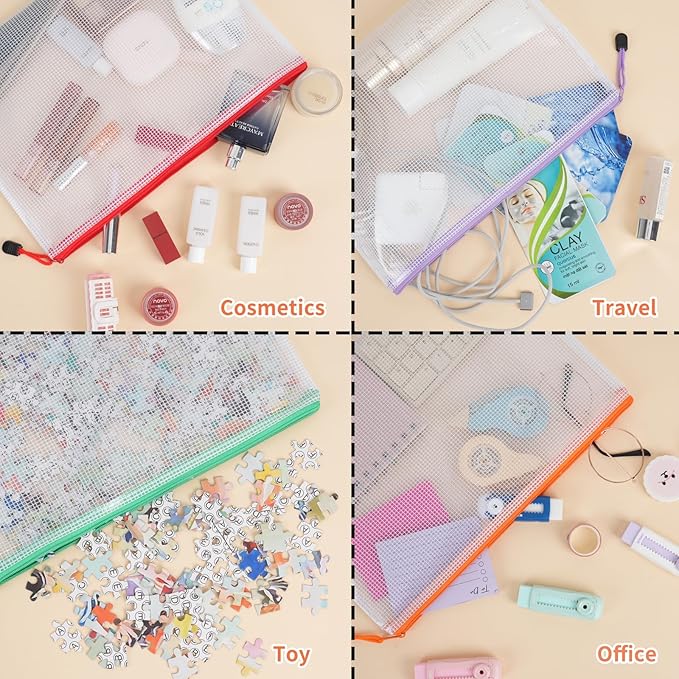 EOOUT 24pcs A4 Zipper Pouch Bags, Mesh Pouch Bags with Labels for Board Games & Puzzles Supplies, Waterproof Document Zipper Cases for School Toys Office Cosmetics Travel Storage,8 Colors