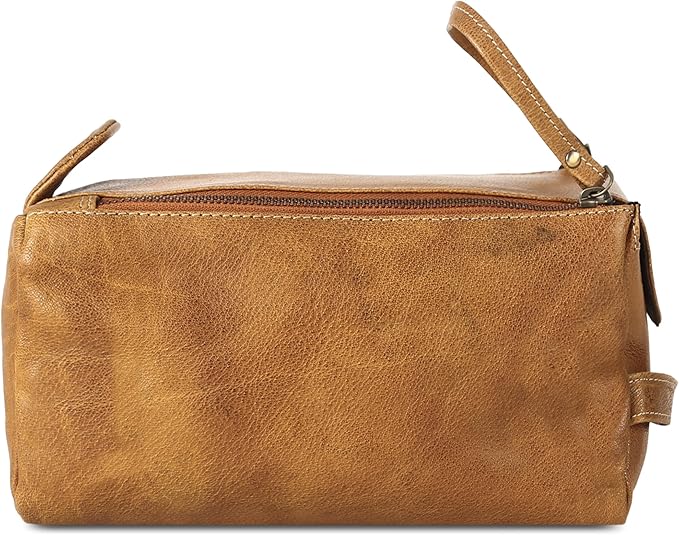 KomalC Premium Buffalo Leather Toiletry Bag for Men & Women With Water resistant Lining, Grooming Travel Pouch, Unisex Wash Bag for Toiletries, Gifts for Men and Women