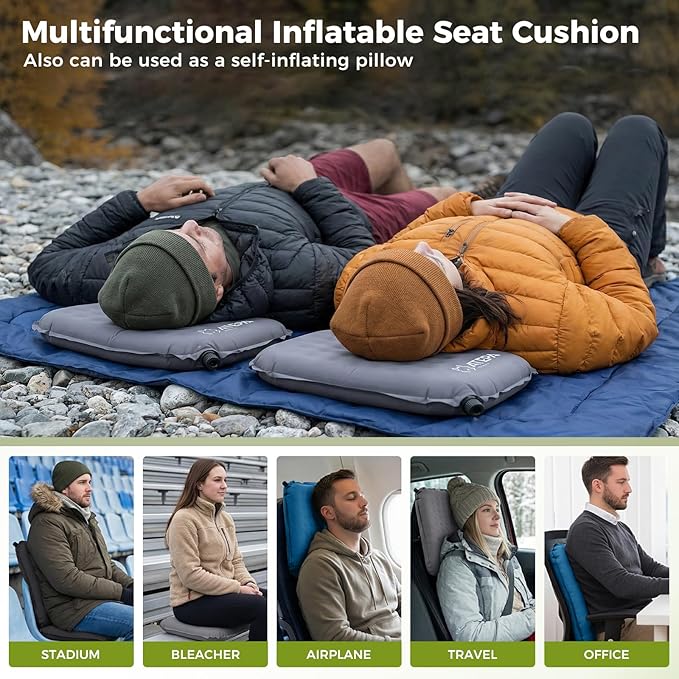 ATEPA Inflatable Seat Cushion, Self-Inflating Portable Stadium Airplane Travel Foam Cushion Pad for Camping, Sports Events, Outdoor