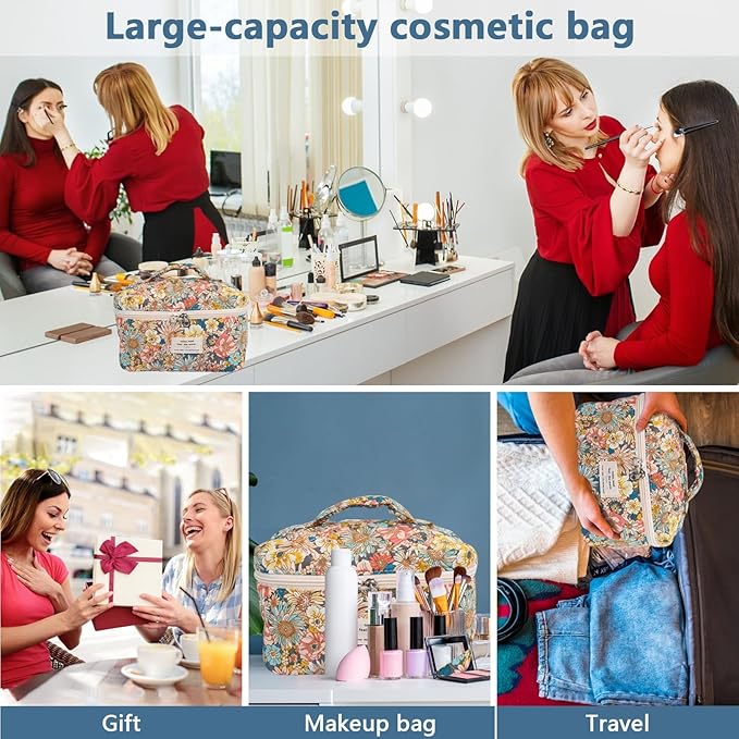 Large Makeup Bag, Cute Cosmetic Bag for Women Girls, Floral Coquette Aesthetic Toiletry Bag, Travel Make Up Organizer Bag (South Twigs Flower)