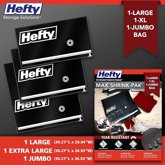 Hefty MAX Shrink-Pak Vacuum Seal Storage Bags for Clothing, Travel, Bedding | Tear-Proof, Dual-Valve Space Saver Compression Bags - 1 Large, 1 XL, 1 Jumbo