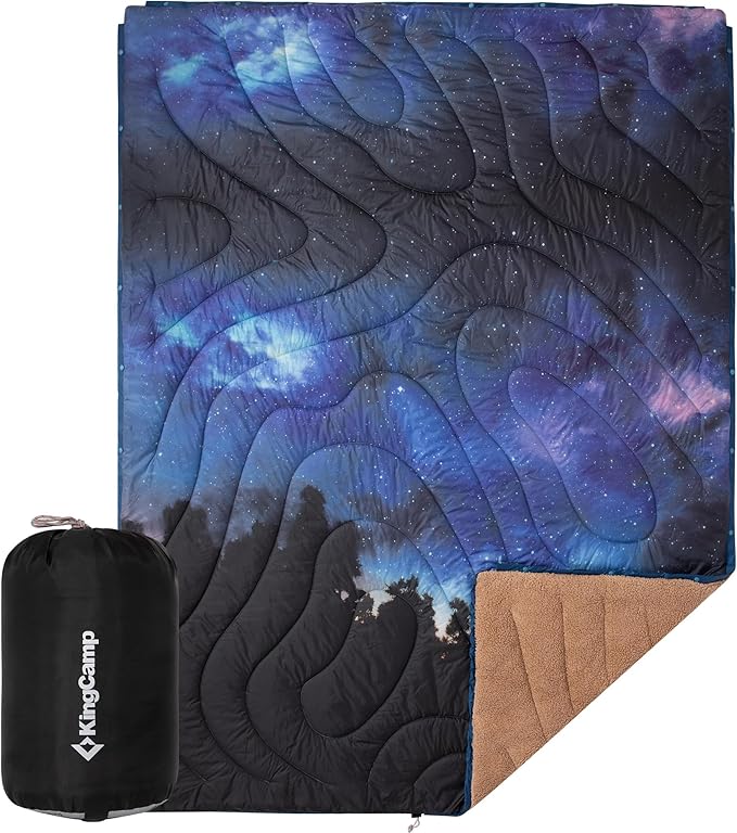 KingCamp Ultralight Camping Blanket, Packable Down Alternative Puffy Printed Wearable Blanket with Snap Buttons & Corner Loops Weatherproof Quilt for Outdoor Travel Stadium (79" x 57", Forest)