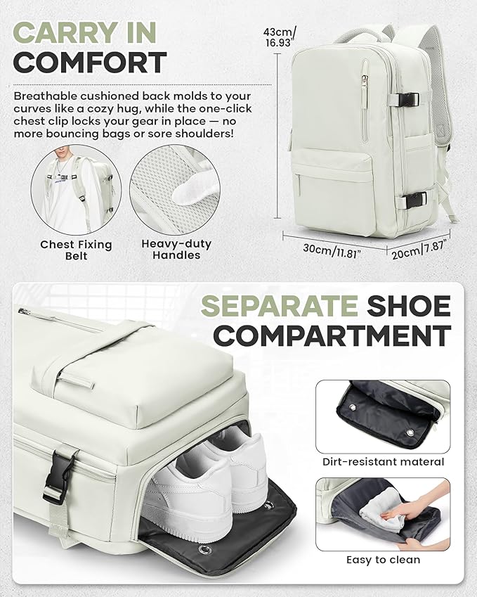 VECAVE Vacuum Travel Backpack with Pump for Women, Personal Item Carry on Backpacks Flight Approved 18x14x8 inches for Men,Laptop Waterproof Work Compression bags Casual Daypack YYWhite