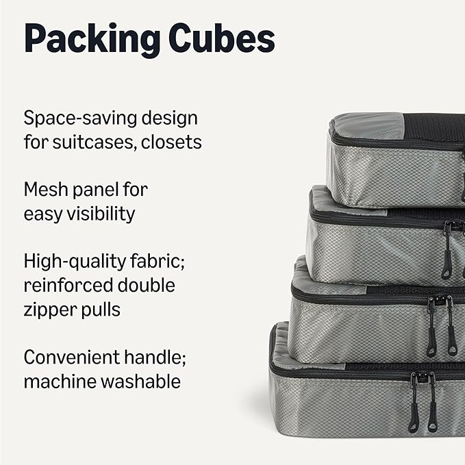 Amazon Essentials 4-Piece Packing Cubes Travel Accessories Set, Space-Saving Luggage Organizer with Double Zipper, Mesh Top Panel, Medium, Gray (Previously Amazon Basics)