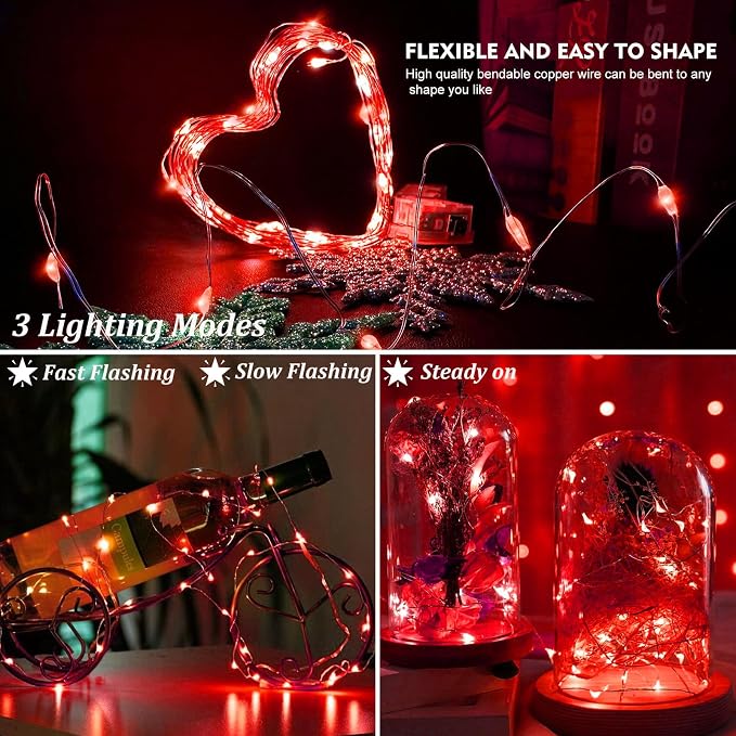 AIKEI 48 Pack LED Fairy Lights Battery Operated, Fairy String Lights 3 Modes Waterproof 7 Feet 20 Led Firefly Starry Lamps for Wedding Party Bedroom Garden Valentines Christmas Decoration Red