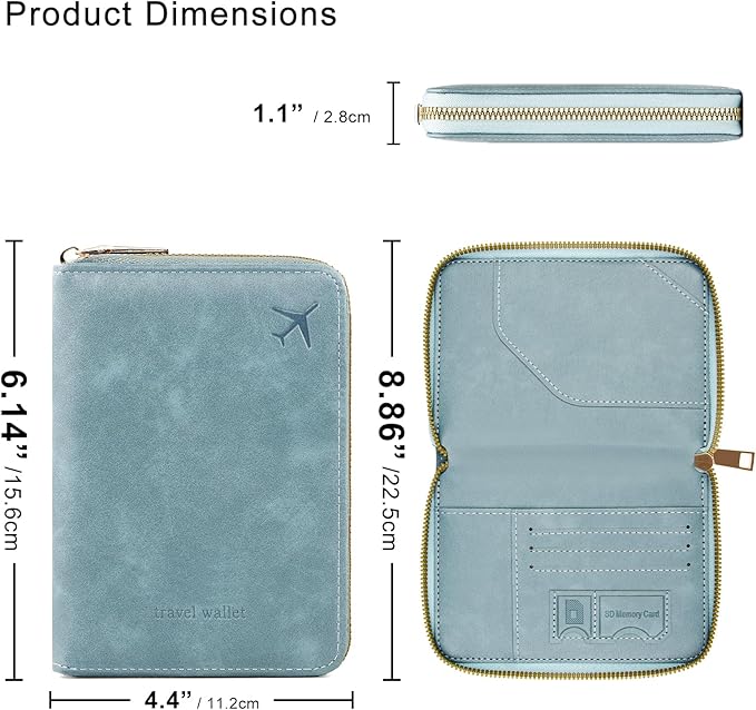 defway Passport Holder Travel Wallet - RFID Blocking Passport Holder Wallet, Full Zip Travel Card Cover with RFID Protection, Multi Slot Organizer for Cards Cash Documents Travel Essentials (Blue)