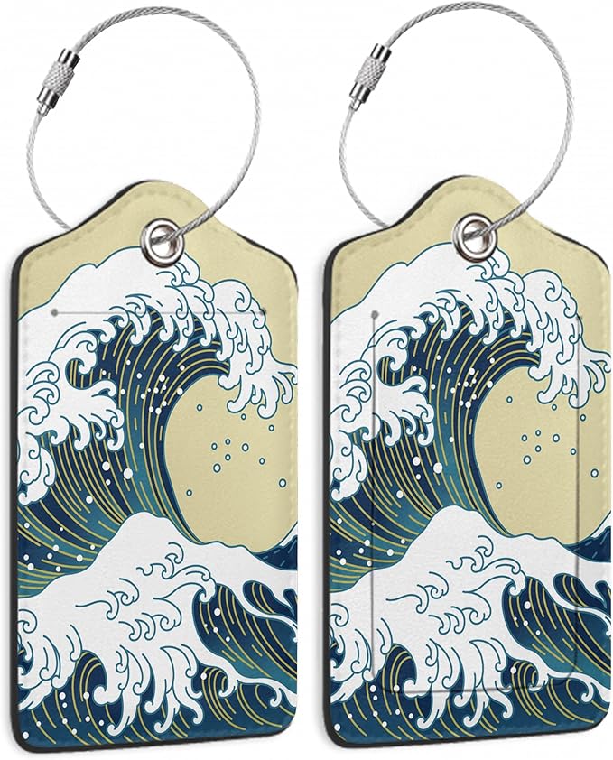 Luggage Tags for Suitcase,2 Pack Japanese Ocean Wave Luggage Tag Leather Privacy Cover ID Label with Stainless Steel Loop for Women Men Kids Girls Travel