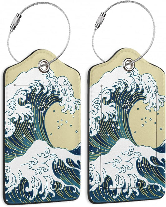 Luggage Tags for Suitcase,2 Pack Japanese Ocean Wave Luggage Tag Leather Privacy Cover ID Label with Stainless Steel Loop for Women Men Kids Girls Travel