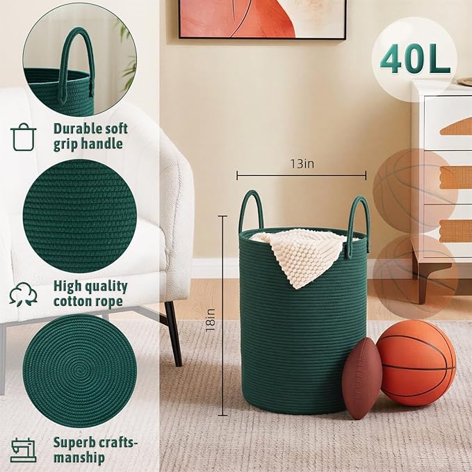 Laundry Basket,Woven Cotton Rope Laundry Hamper,40L for Decorative Storage of Dirty Clothes,Toys and Blankets in Bathroom,Baby Room and Living Room
