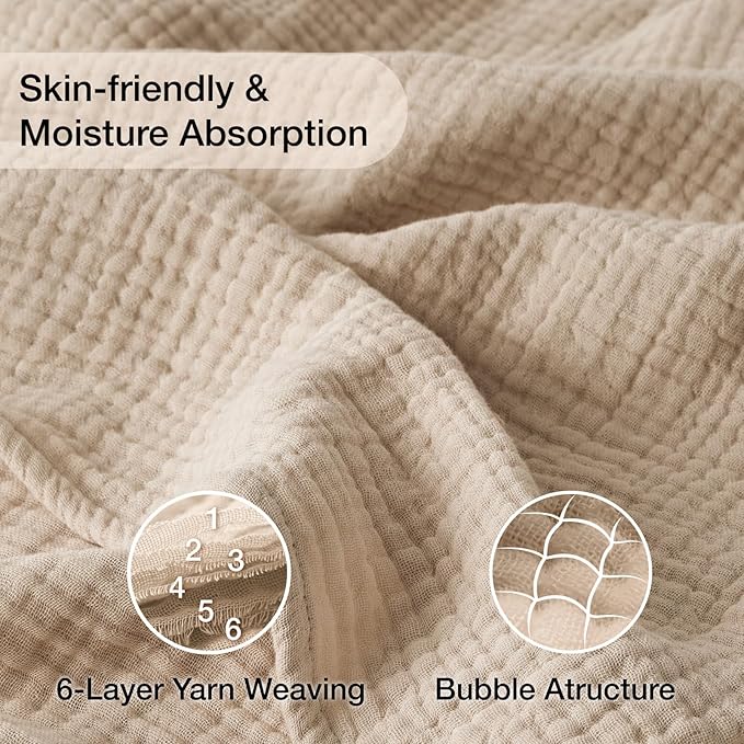 Cooling Throw Blanket Twin XL 66" x 90", 6 Layers Muslin Blankets 100% Cotton, Breathable and Lightweight Twin Blanket for Bed, Soft Bedspread, Gauze Bedding for All Season, Beige Linen