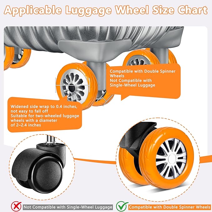 8 Pcs Upgraded Luggage Wheel Covers, Suitcase Protector, Wear-Resistant Anti-Noise Silicone Wheel Covers for 2-2.4” Spinner Wheels, Travel Accessories for Carry On Luggage (Orange, Small)