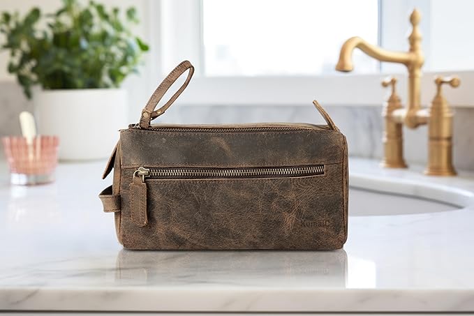 KomalC Premium Buffalo Leather Toiletry Bag for Men & Women With Water resistant Lining, Grooming Travel Pouch, Unisex Wash Bag for Toiletries, Gifts for Men and Women