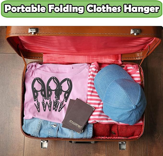 12 PCS Travel Hangers,Portable Folding Clothes Hanger,Travel Accessories Foldable Travel Hangers with Clips,Foldable Clothes Drying Rack for Travel,Black Plastic Non Slip Clothing Hangers