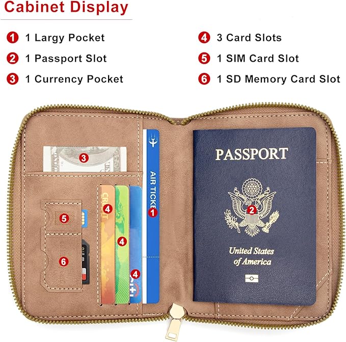 defway Passport Holder Travel Wallet - RFID Passport Holder, Zip Closure Card Cover, PU Leather Travel Wallet, RFID Blocking Secure Document Organizer Travel Essentials (Light Brown)