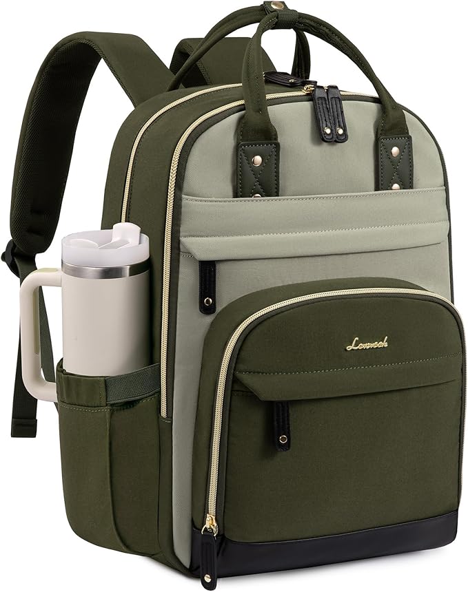 LOVEVOOK Laptop Backpack for Women with Giant Tumbler Holder Pocket,15.6 inch School College Book Bag Nurse Teacher Backpack,Work Travel Backpack Laptop Computer Bag,Olive green-Bean green-Kelp green