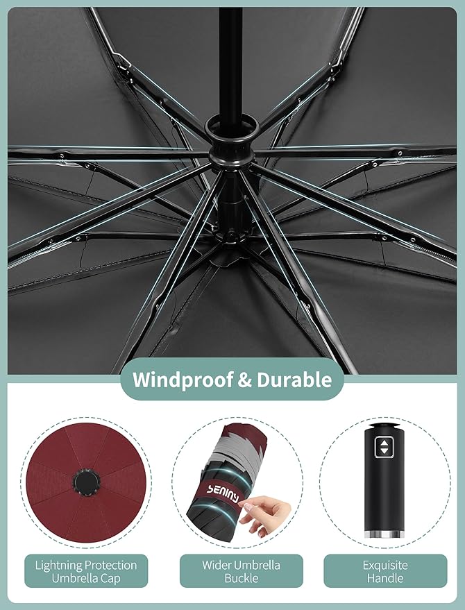 Seniny Inverted Travel Umbrella Compact - Windproof Umbrellas for Rain with Reflective Strip, Large UV Umbrella for Sun Protection, Automatic Portable Umbrellas Fold in Reverse for Car, Backpack