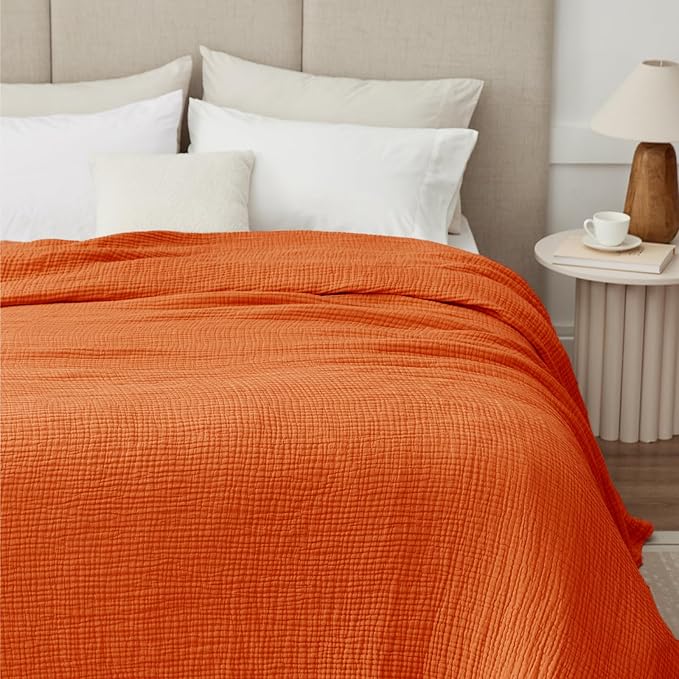 100% Cotton Muslin Blanket Queen 90" x 90", 6 Layers Breathable and Lightweight Cotton Throw Blankets for Bed, Soft Cooling Summer Gauze Blanket for Adults All Season, Orange