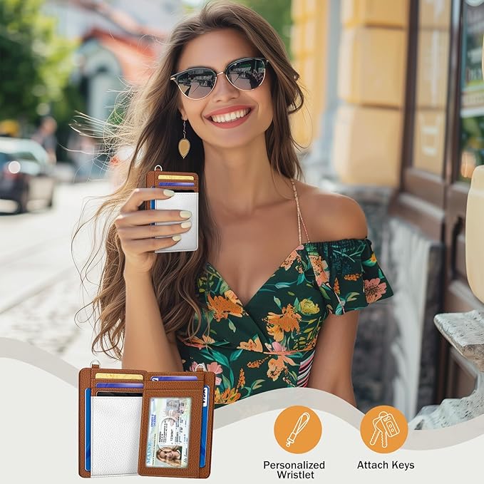 Yonlevres Credit Card Holder Slim Wallet Women, Minimalist RFID Blocking Small Wallet Woman, Front Pocket Travel Thin ID Window PU Leather Mini Organizer Case Purse Gift Girl Ladies White Caramel