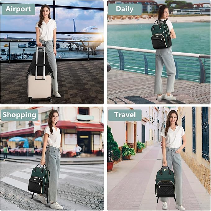 Laptop Backpack for Women Work Bag - 15.6 inch Travel Backpack with USB Charger College Bookbag Waterproof Business Computer Backpack Anti-theft Casual Backpacks for Nurse Teacher Black Green