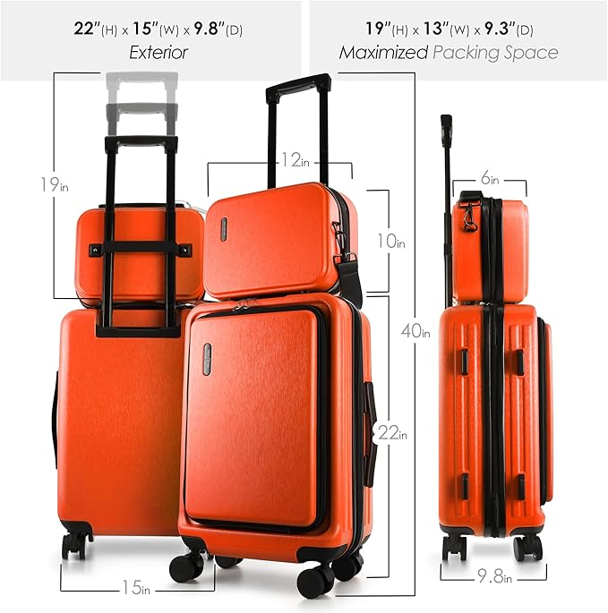 20 Inch Carry On Luggage 22x14x9 Airline Approved, Carry On Suitcase with Wheels, Hard-shell Carry-on Luggage, Durable Luggage Carry-On, Orange Small Suitcase with Cosmetic Bag