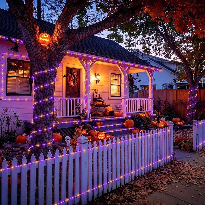 YEGUO Solar Halloween Lights Outdoor Waterproof, 66ft 200 LED Purple and Orange Solar Rope Lights, 8 Modes Fairy Lights in Clear Thin Tube