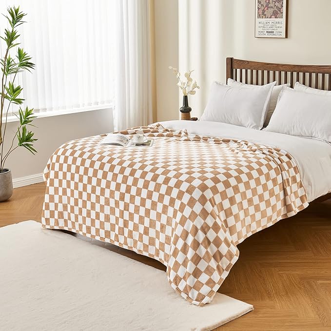 Checkered Blanket Flannel Throw Blankets Soft Cozy Checkered Grid Print Chessboard Gingham Pattern Throws for Bed Sofa Couch for All Seasons, 60x80 Inch, Blonde