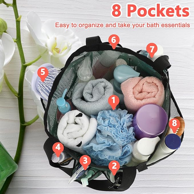 Fammart Mesh Shower Caddy Portable for College Dorm Room Essentials, 8-Pocket Large Shower Basket Tote Bag with 2 Handles for Toiletry, Bathroom, Beach, Camp, Gym
