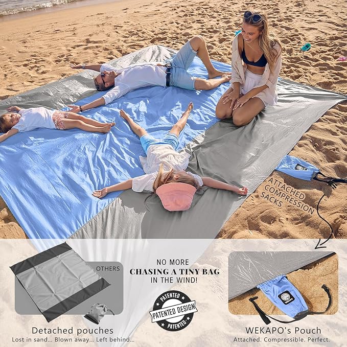 WEKAPO Beach Blanket Sandproof Waterproof, Extra Large Beach Mat, Oversized & Compact Sand Free, Quick Drying Beach Essentials for Vacation, Cruise, Picnic & Camping with Stakes