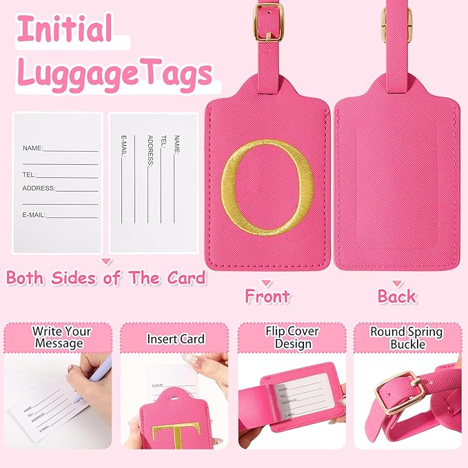 Initial Letter Luggage Tags for Suitcases, Personalized Embroidered Letter Luggage Bag Suitcase Identifier Name Tag, Cute PU Leather Travel Luggage Tags, Bag Tags for Luggage Handbags(Rosered O)