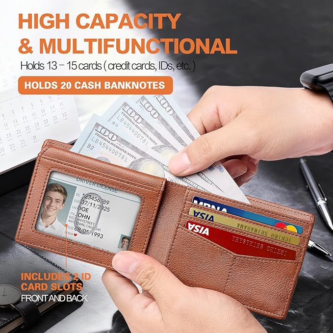 Wallet for Men Slim RFID Blocking Bifold,Minimalist Wallet Small Compact Front Pocket Credit Card Holder,Thin Mens Leather Wallets Smart Security With 2 ID Windows 1 Cash,Birthday Gifts for Men