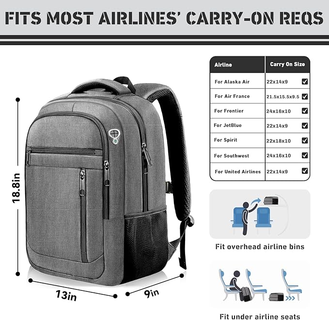 Travel Backpack, 40L Business Laptop Backpack with 17.3 Inch Laptop Compartment, Lightweight Daypack for Flight, Durable Water Resistant Bookbag, Hiking, Work Backpack for men, Grey