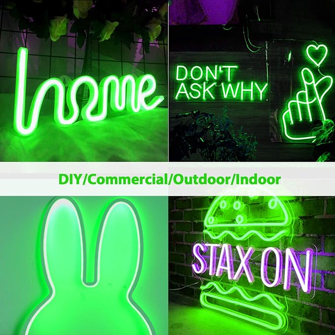 Lamomo LED Neon Lights, 16.4ft Green LED Strip Light, 12V 0.39In/Cut Silicone Waterproof Neon Rope Light, DIY Neon Sign for Bedroom Indoor Outdoor Decoration（Power Adapter not Included）