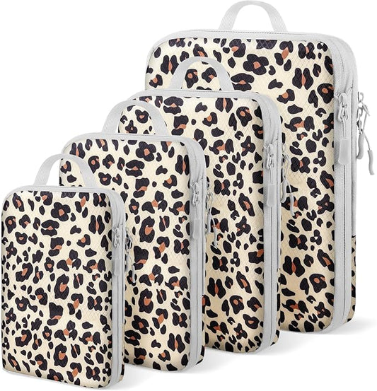 4 Set Compression Packing Cubes For Travel Bags Organizer For Luggage Suitcase Organizer, Compression Bags For Travel Accessories Luggage Storage Set (4 Pcs, Brown Leopard)