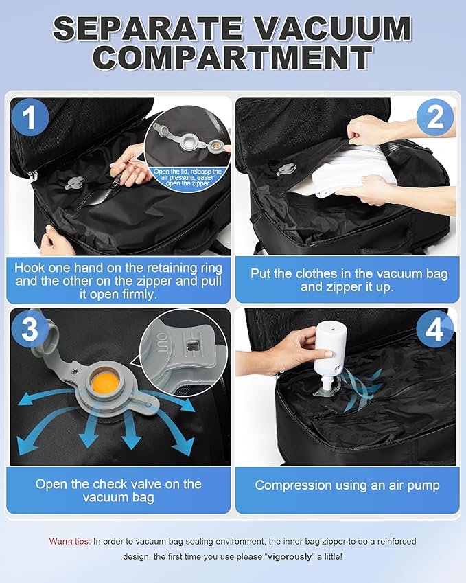 VGCUB Vacuum Backpack Travel with Suit Bag and Air Pump Compression Vacpack Carry on Flight Approved Daypack Laptop Space Saver Garment Bags for Travel Storage with Vacuum System Women Men Black