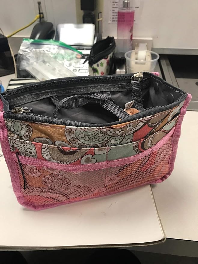 Vercord Purse Organizer Insert for Handbags Bag Organizers Inside Tote Pocketbook Women Nurse Nylon 13 Pockets Pink Flowers Small