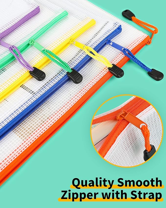 Smarpau A5 Mesh Zipper Pouch, 24 Pack 12 Colors 9.5" x 7.1" Multipurpose Zipper Pouches for Organizing, Waterproof Zip Bags Small Mesh Pouch for Travel, Office, Home Storage