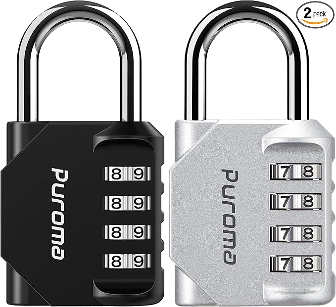 Puroma 2 Pack Combination Lock for Locker 4 Digit Outdoor Waterproof Padlock for School, Gym, Sports, Fence, Toolbox, Gate, Case, Outdoor, Hasp Storage (Silver & Black)