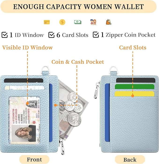 Hancynir Slim Wallet Women Credit Card Holder, Minimalist RFID Blocking Small Mini Card Wallets, Cute Front Pocket PU Leather Card Case, Thin Travel Zipper Coin Cash Ladies Female Wallet Gifts Blue