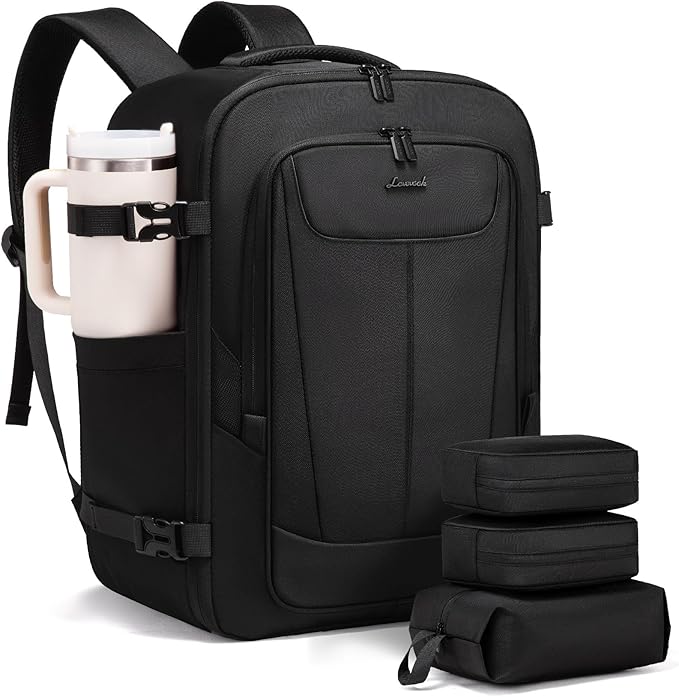 LOVEVOOK Travel Backpack for Men Women, 40L Carry on Backpack Flight Approved with 3 Packing Cubes, Extra Large Personal Item Bag Fits 17.3 inch Laptop for Airplanes, Water Resistant Daypack, Black