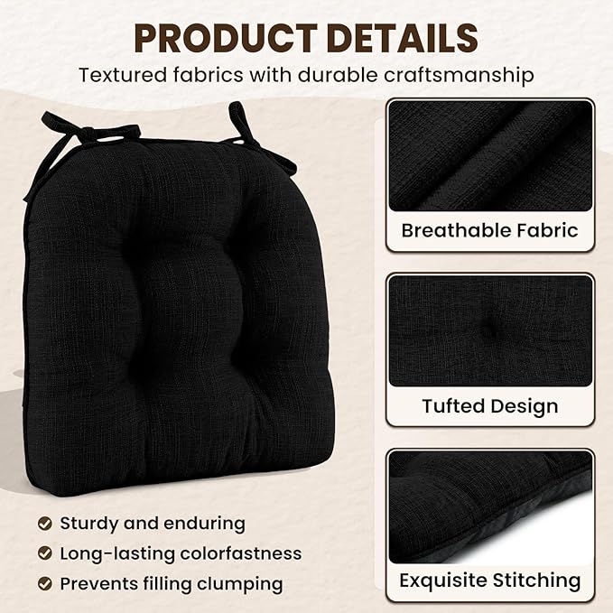 downluxe Indoor Chair Cushions for Dining Chairs, Tufted Overstuffed Textured Foam Kitchen Chair Pads with Ties and Non-Slip Backing, 15.5" x 15.5" x 4", Black, 4 Pack