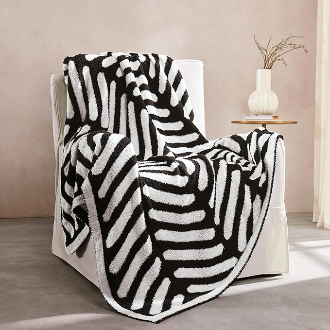 Throw Blanket, Soft Cozy Fluffy Striped Throw Blankets for Couch, Sofa, Bed, Chair, Warm Fuzzy Plush Lightweight Decorative Stripe Blanket, Black White, 50x60 inches