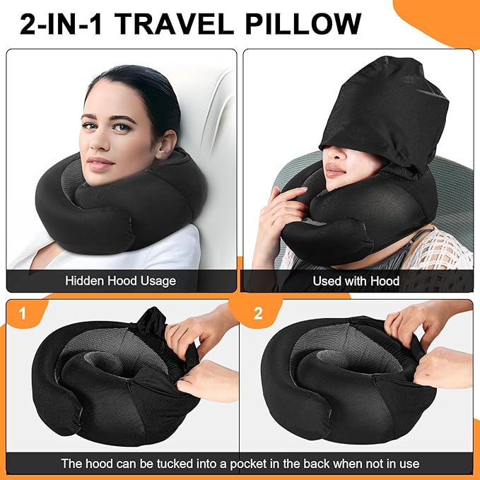 Travel Pillow - Hooded Neck Pillow Airplane Memory Foam Filling for Plane, Office, Cars Sleeping, Road Trip, Long Flights, Portable Plane Accessories, Includes Eye Mask & Earplugs (Black)