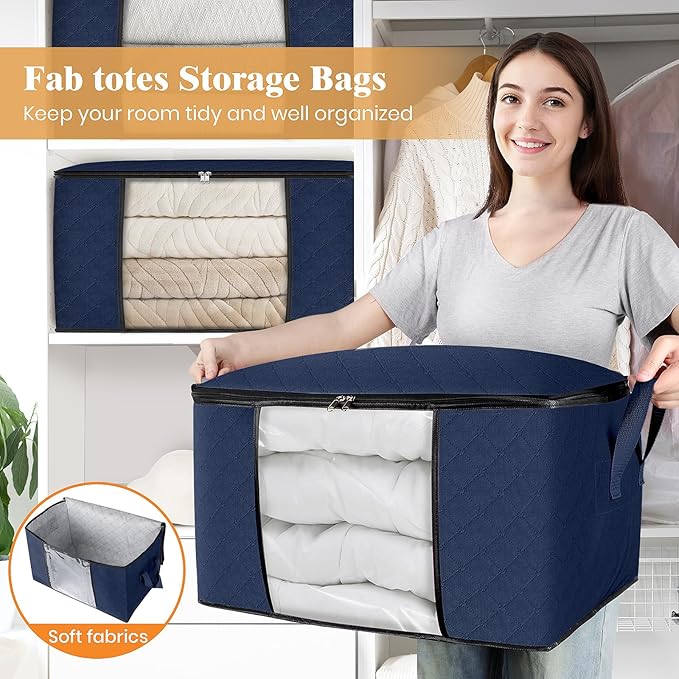 Fab totes Storage Bags,Clothes Blanket Storage Bins Foldable Closet Organizers with Reinforced Handle for Home Dorm Storage and Organization,Fabric Bags for Organizing Sheets,Clothing (Blue,6 Pack)