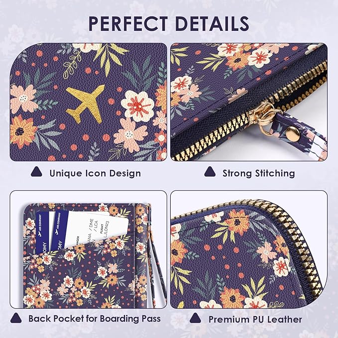 KONVINIT Passport Holder For Travel, RFID Blocking Leather Passport Cover For Travel Accessories, Passport Wallet with Zipper Closure, Cute Passport Book for Women and Men, Navy Blue Flowers