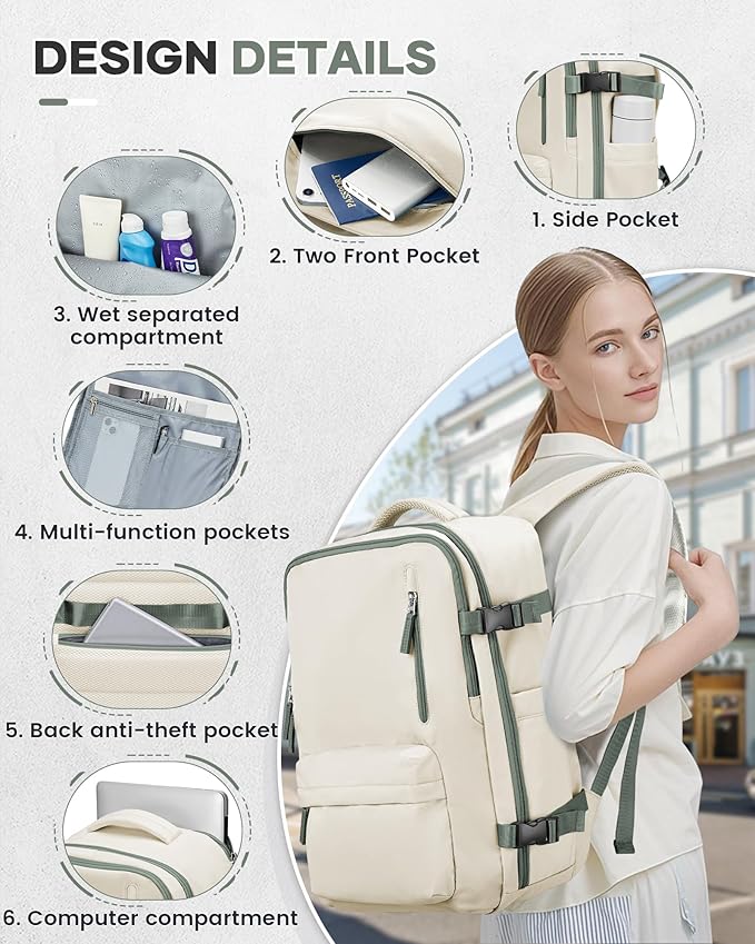 VECAVE Vacuum Travel Backpack with Pump for Women, Personal Item Carry on Backpacks Flight Approved 18x14x8 inches for Men,Laptop Waterproof Work Compression bags Casual Daypack BeigeGreen
