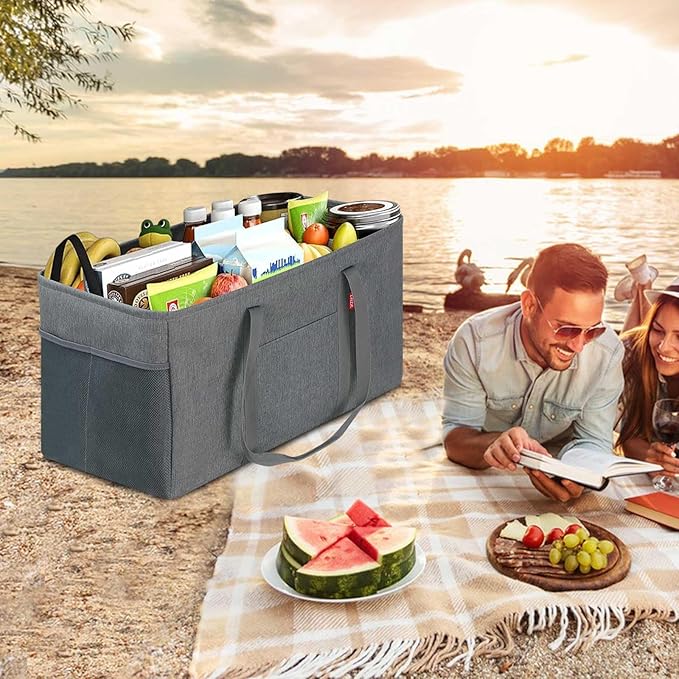 LHZK Standing Extra Large Utility Tote Bag with Metal Wire Frame and the Sides Rinforced, Extra Large Tote Bag with Handle, Reusable Grocery Bags Foldable, Beach Bag, Car Tote (Gray, 26''x15''x13'')